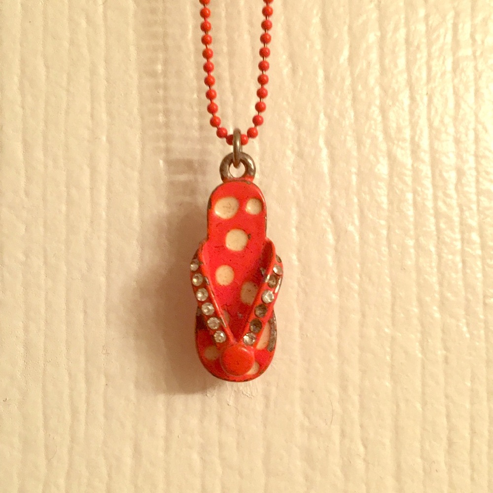 Orange Summer Flip Flop Necklace w/ Clear Stones